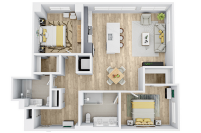 Contemporary floor plan showcasing two spacious bedrooms, modern kitchen with island, cozy living area, and elegant dining space.