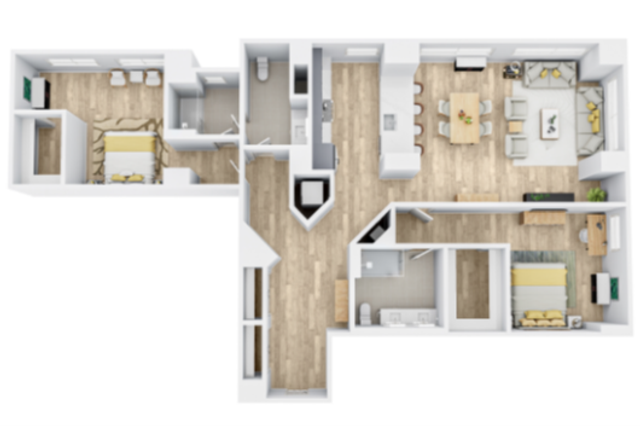 Modern 3D floor plan showcasing 3 spacious bedrooms, an open-concept living and dining area, and a contemporary kitchen with wood flooring.