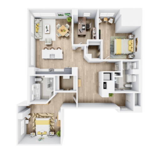 Elegant open-concept floor plan featuring two spacious bedrooms, gourmet kitchen, cozy living area, and home office.