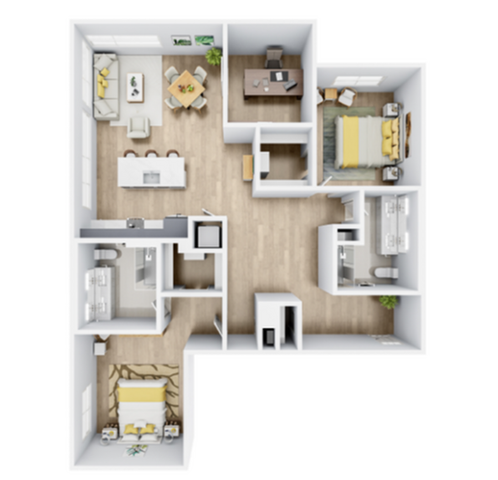 Modern L-shaped apartment floor plan featuring 2 cozy bedrooms, a spacious open-concept living area, and a state-of-the-art kitchen, ideal for comfortable living.