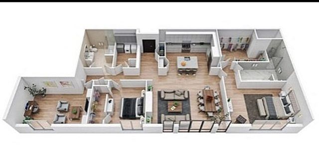Modern 3D floor plan featuring 3 bedrooms, a sleek kitchen, and a spacious open living-dining area with stylish furnishing.