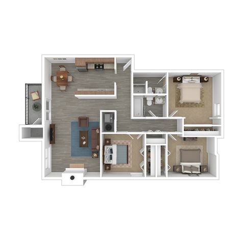 Modern 3D floor plan showcasing 2 bedrooms, a bright open-concept living area, stylish kitchen, and elegant bathroom.