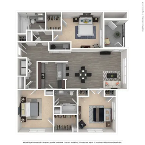 Elegant 3D floor plan showcasing a modern apartment with two bedrooms, an open-concept living and dining area, spacious kitchen, and private balconies.