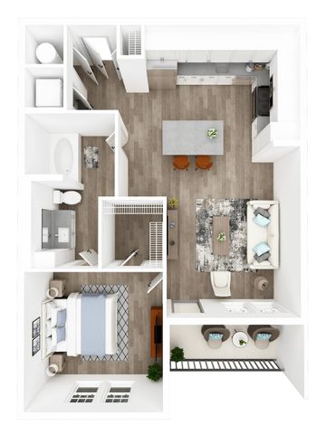Modern 3D floor plan showcasing a chic one-bedroom apartment with a spacious kitchen, elegant living area, and a cozy balcony.