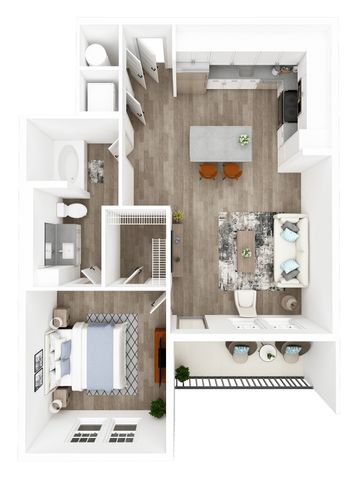 Chic 1-bedroom apartment floor plan with modern kitchen, inviting living area, stylish bathroom, and cozy balcony.