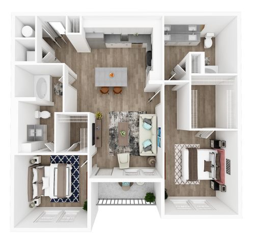 Contemporary open-concept floor plan illustrating two spacious bedrooms, a sleek kitchen with an island, cozy living area, and private balcony access.