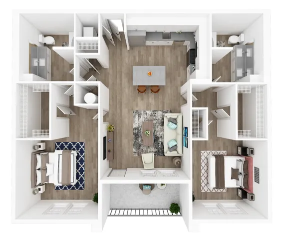 Elegant 3D floor plan showcasing two spacious bedrooms, two modern bathrooms, an open-concept kitchen with island, and a stylish living area leading to a cozy balcony.