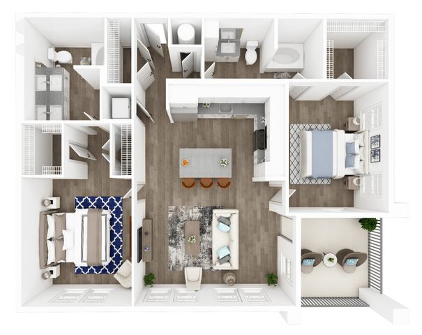 Modern and inviting 3D floor plan featuring two spacious bedrooms, an open-concept living and dining area, gourmet kitchen with a large island, and a private balcony.