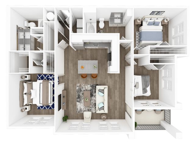 Contemporary 3D floor plan featuring two spacious bedrooms, a cozy open-concept living area, a modern kitchen with an island, and two elegant bathrooms.