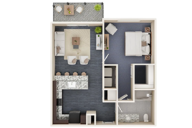 Modern 3D floor plan showcasing a cozy 1-bedroom apartment with an open kitchen, inviting living area, and charming balcony.