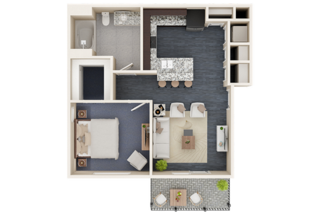 Modern 1-bedroom apartment floor plan with an open-concept kitchen and living area, stylish bathroom, and a charming outdoor patio.