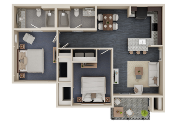 Modern floor plan showcasing 2 bedrooms, 2 bathrooms, a sleek kitchen with an island, and an inviting living area with access to a cozy patio.