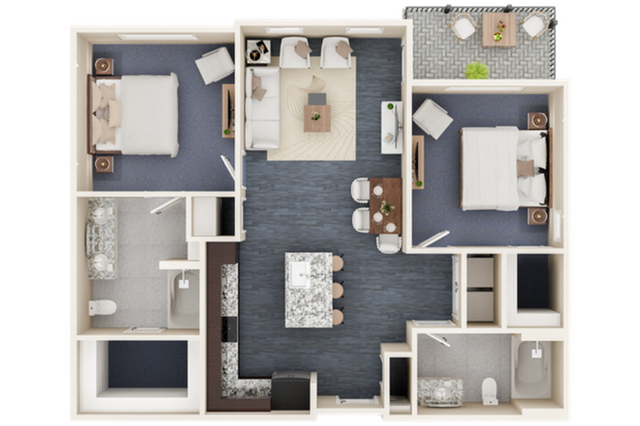 Modern 2D floor plan showcasing 2 spacious bedrooms, an elegant open-concept living room, a stylish kitchen island, and a cozy outdoor patio.