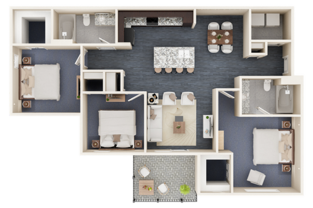 Elegant 3D floor plan showcasing 3 spacious bedrooms, stylish open-concept living area, modern kitchen with island, and charming balcony.