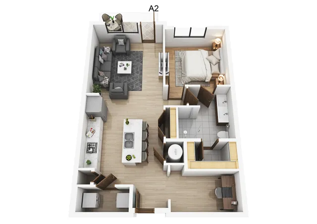 Modern 3D apartment layout of A2 model with open-concept living area, sleek kitchen, cozy bedroom, and spacious bathroom.