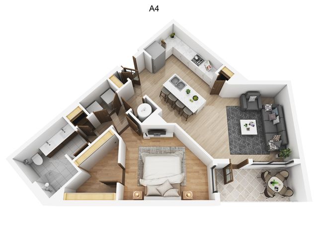 Modern Monarch floor plan showcasing a single-bedroom apartment with an open-concept kitchen and living area, sleek bathroom, and inviting balcony space.