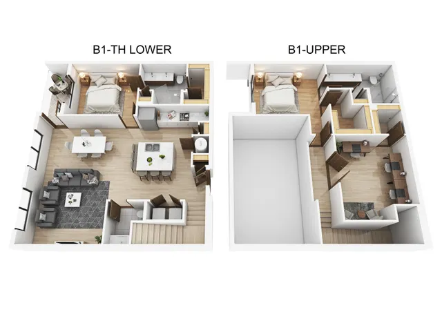 Chic two-story townhouse floor plan with 2 bedrooms, modern kitchen, spacious living and dining areas, and home office. Perfect blend of comfort and style.