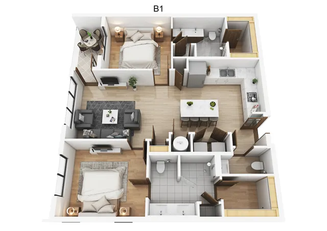 Modern 3D floor plan featuring 2 bedrooms, a cozy living room, elegant kitchen with breakfast bar, and two well-appointed bathrooms.