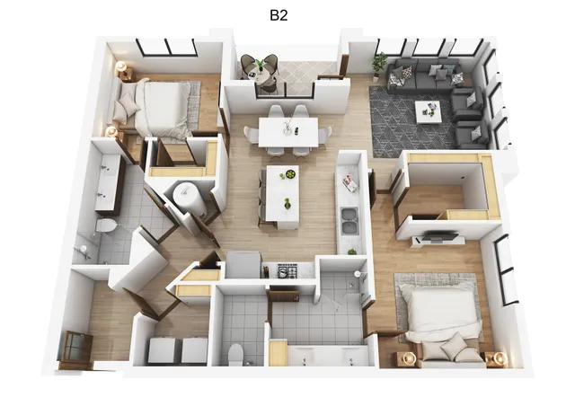 Elegant 3D floor plan featuring 2 bedrooms, a modern kitchen with an island, cozy living area, and stylish dining space.