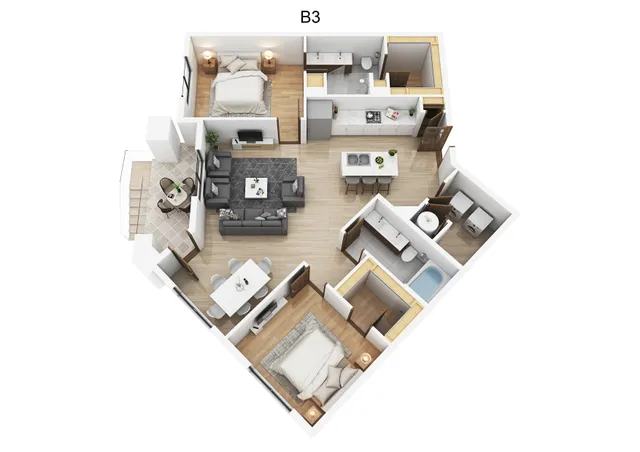 Modern 3D floor plan showcasing two bedrooms, an inviting open-concept living and dining area, a sleek kitchen with a breakfast bar, and two stylish bathrooms.