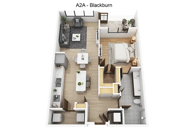 Chic floor plan showcasing the Blackburn layout with a cozy bedroom, modern kitchen, open-concept living area, and elegant bathroom, complemented by a charming balcony space.