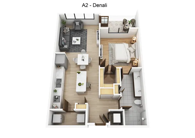Modern Denali floor plan featuring a spacious bedroom, elegant living area, and sleek kitchen, complete with a cozy balcony and stylish bathroom.
