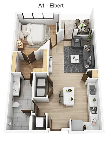 Modern Elbert floor plan showcasing a spacious one-bedroom layout with an open living area, chic kitchen, and elegant dining space.