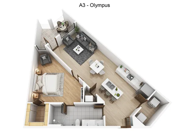 Elegant Olympus floor plan showcasing a chic one-bedroom apartment with a modern kitchen, cozy living area, and private balcony.