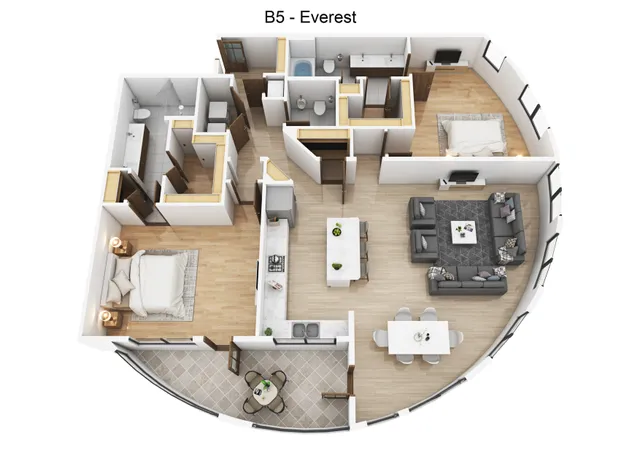 Elegant Everest floor plan featuring two spacious bedrooms, a modern kitchen with an island, cozy living area, dining space, and inviting balcony.