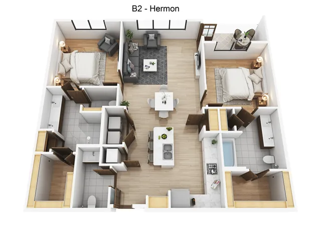 Modern Hermon floor plan showcasing a spacious layout with two bedrooms, a stylish living room, a contemporary kitchen with island, and a cozy balcony.