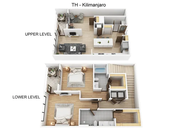 Chic townhouse floor plan named Kilimanjaro, featuring upper and lower levels. Spacious upper level includes open-concept living and dining area with modern kitchen, while the lower level boasts two cozy bedrooms and a sleek bathroom.