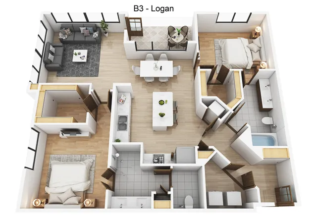 Chic Logan floor plan displaying a modern 2-bedroom apartment with open living space, sleek kitchen island, and cozy balcony.