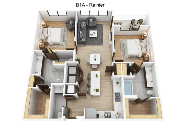 Modern 2-bedroom Rainier floor plan featuring a spacious living area, sleek kitchen, and private balcony.