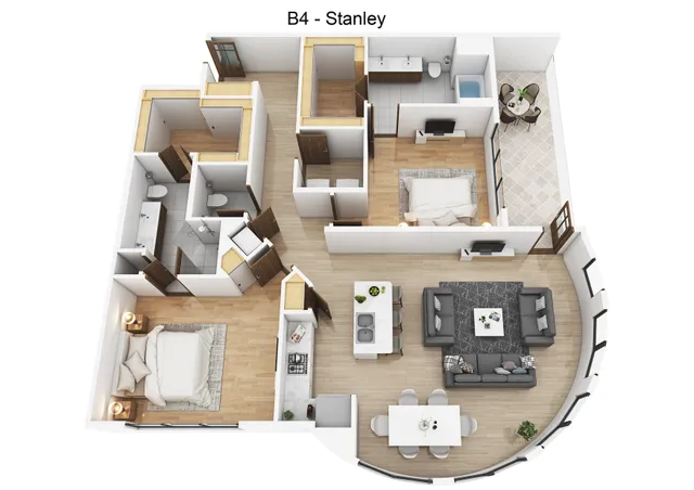 Elegant floor plan Stanley featuring 2 spacious bedrooms, modern open-concept kitchen and living area, with a cozy dining room and luxurious bathrooms.