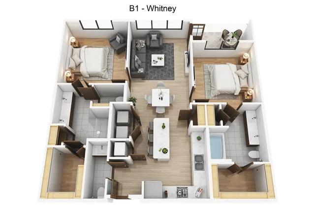 Modern 3D floor plan of Whitney featuring 2 bedrooms, spacious living area, and stylish open kitchen with island seating.