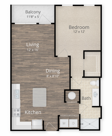 Modern 1-bedroom apartment floor plan featuring an open-concept kitchen, spacious living area, and private balcony.