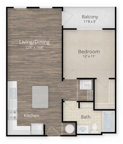 Chic floor plan showcasing an open-concept living/dining area, modern kitchen, cozy bedroom, inviting balcony, and elegant bathroom.