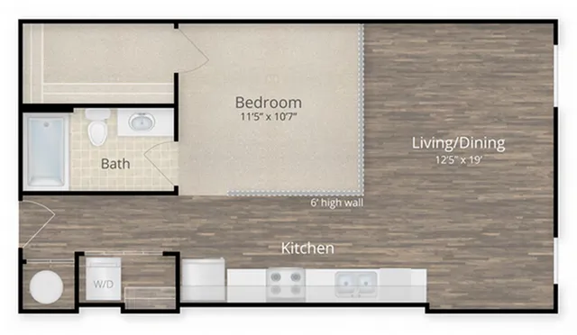 Modern floor plan with open living/dining area, sleek kitchen, cozy bedroom, and stylish bathroom layout.