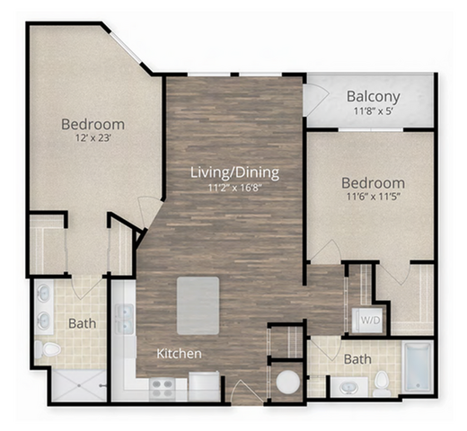 Elegant apartment floor plan showcasing two spacious bedrooms, a modern kitchen, inviting living/dining area, two bathrooms, and a cozy balcony.