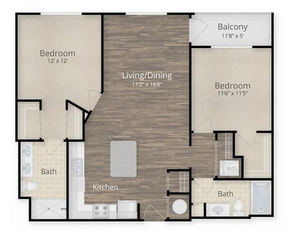 Modern 2-bedroom apartment floor plan featuring open-concept living and dining area, sleek kitchen, two bathrooms, and a cozy balcony.