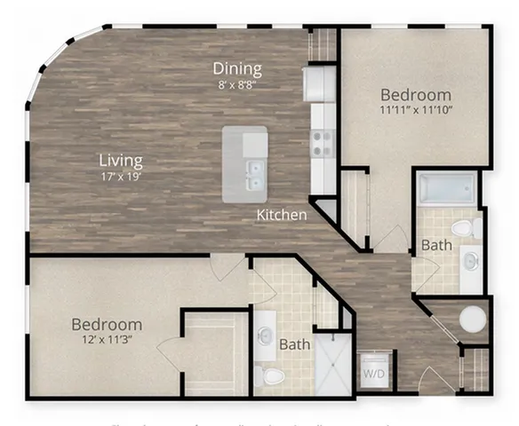 Modern floor plan showcasing 2 bedrooms, spacious living room, kitchen with island, and two bathrooms. Ideal for luxury urban living.