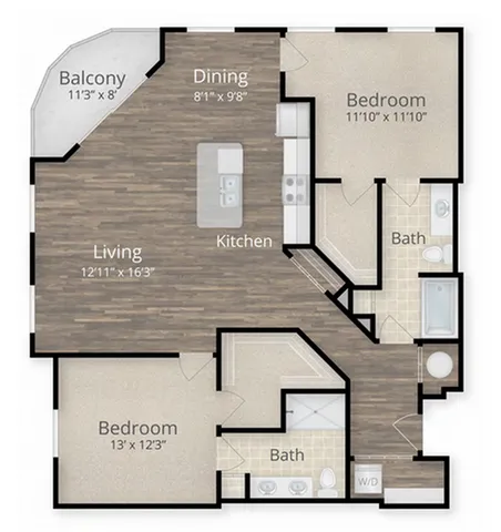 Elegant floor plan featuring 2 bedrooms, spacious open-concept living and dining areas, modern kitchen, and large balcony.