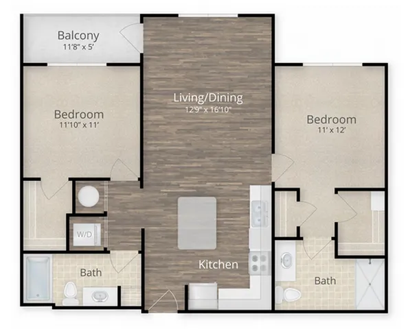 Modern floor plan featuring 2 bedrooms, open kitchen, spacious living/dining area, balcony, and two baths for ultimate comfort.