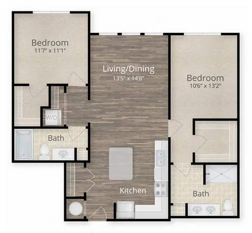 Modern apartment floor plan showcasing 2 spacious bedrooms, 2 baths, an open kitchen, and a combined living/dining area with stylish wood flooring.