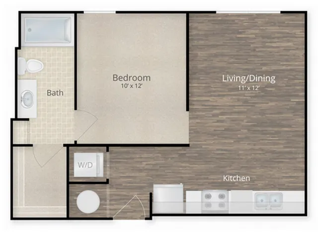 Modern one-bedroom apartment floor plan featuring a spacious living/dining area, sleek kitchen, elegant bath, and in-unit washer/dryer.