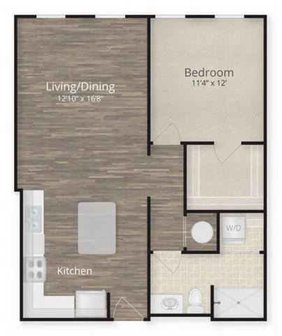 Modern floor plan showcasing a spacious 1-bedroom apartment with an open living/dining area, well-equipped kitchen, and convenient laundry facilities.