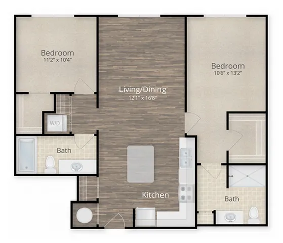 Modern 2D floor plan showcasing 2 spacious bedrooms, open-concept living and dining area, and a sleek kitchen layout.