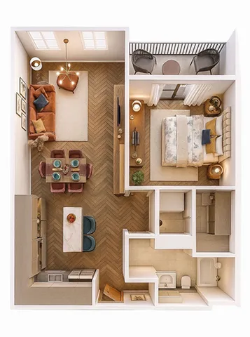 Elegant floor plan of a modern apartment showcasing a cozy bedroom, stylish living room, dining area, contemporary kitchen, and a private balcony.
