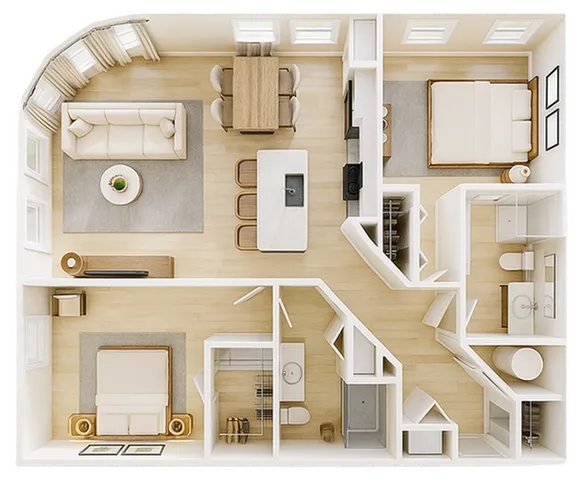 Modern floor plan showcasing two spacious bedrooms, an inviting open-concept living and dining area, and a sleek kitchen with an island.