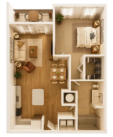 Chic open-concept floor plan with 1 bedroom, cozy living room, elegant kitchen, and private balcony.